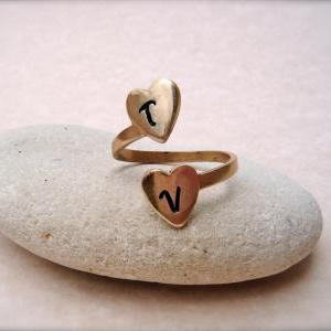 Personalized Brass Initial Ring - Two Hearts As..