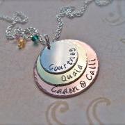 Perfect Mother's Day Gift - Three Disc Hand Stamped Personalized Pendant Necklace with Birthstone Swarovski Crystals