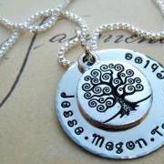 FAMILY TREE - Family Name Personalized Hand Stamped Pendant and Family Tree Charm 