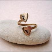 Personalized Brass Initial Ring - Two Hearts as One - Adjustable Hand Stamped Two Heart Ring