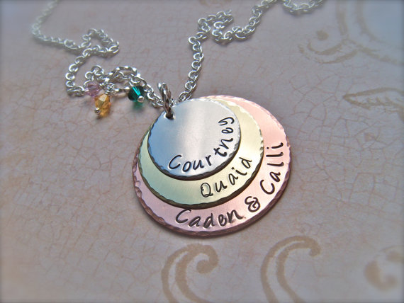 Perfect Mother's Day Gift - Three Disc Hand Stamped Personalized Pendant Necklace With Birthstone Swarovski Crystals