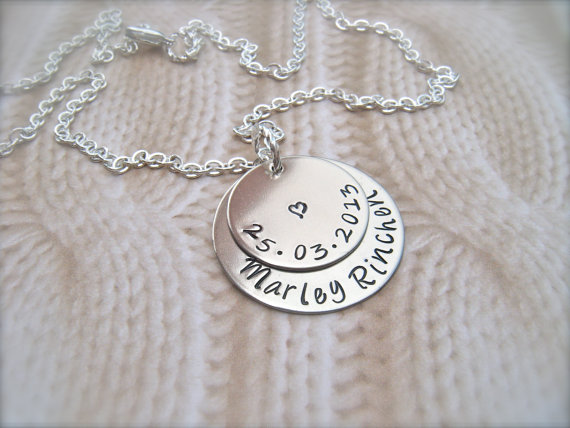 Custom Single Name And Birthdate Hand Stamped Personalized Pendant Necklace