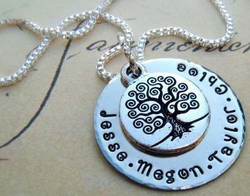 Family Tree - Family Name Personalized Hand Stamped Pendant And Family Tree Charm