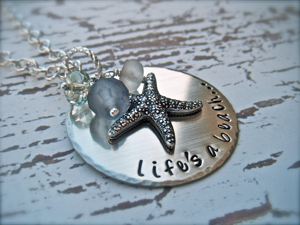 Hand Stamped Personalized Pendant - Life's A Beach - Necklace
