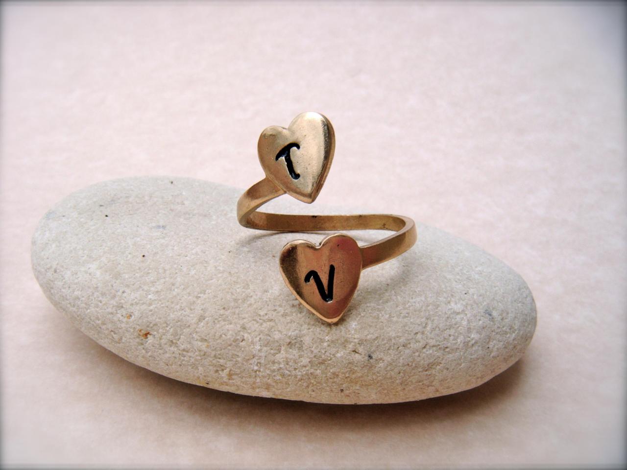 Personalized Brass Initial Ring - Two Hearts As One - Adjustable Hand Stamped Two Heart Ring